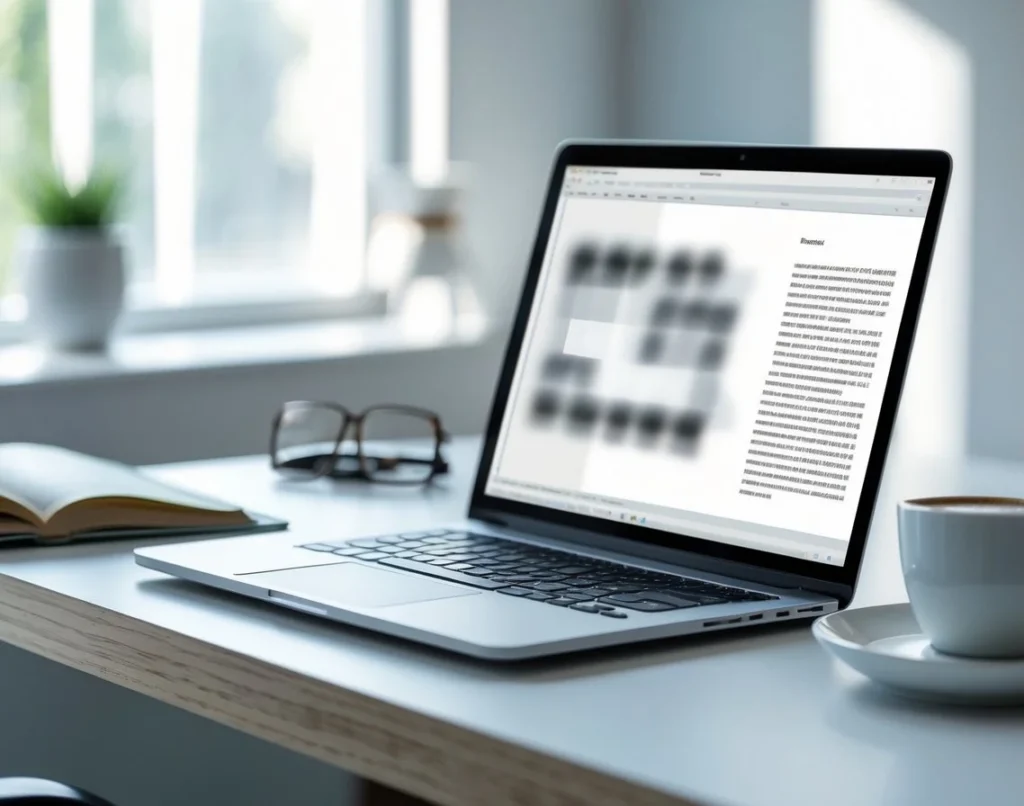 Un espacio de trabajo moderno con una laptop abierta en un escritorio limpio, mostrando contenido borroso para representar texto invisible.