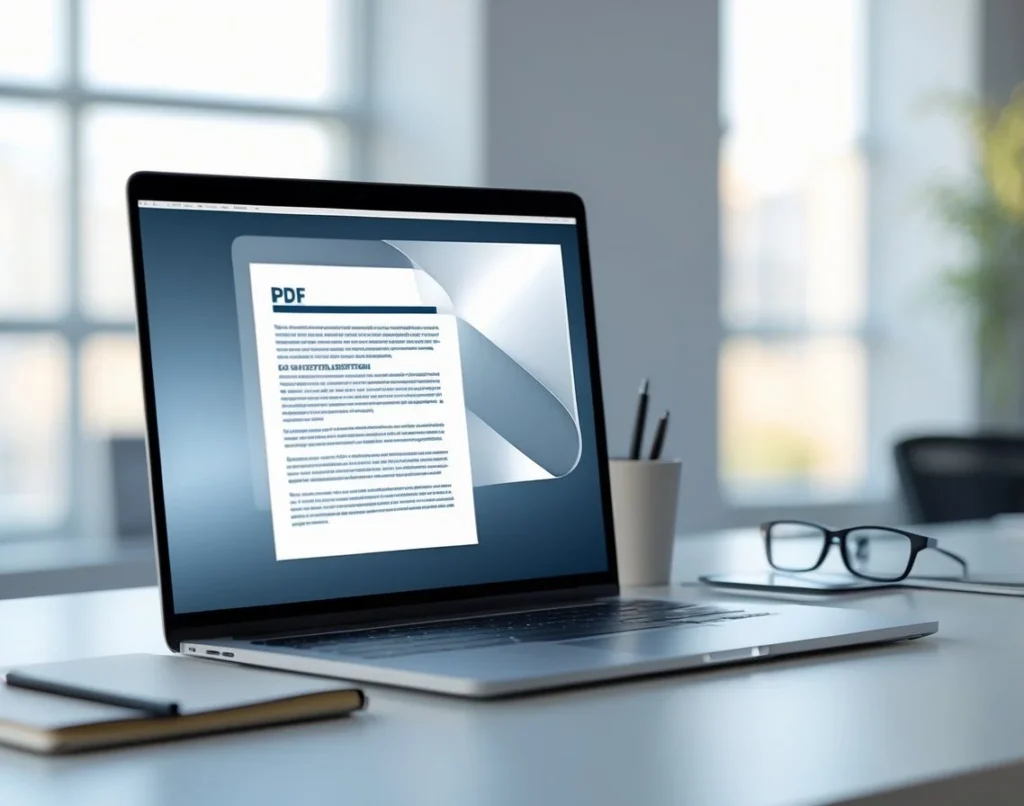 Un espacio de trabajo moderno con una computadora portátil que muestra una interfaz borrosa de un documento PDF, sobre un escritorio ordenado con artículos de oficina.