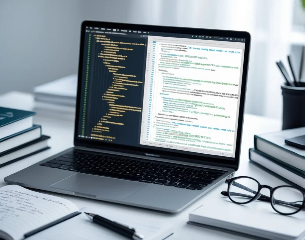Un espacio de trabajo moderno con una laptop mostrando código parcialmente difuminado, libros de programación, un cuaderno con notas y gafas sobre una mesa.