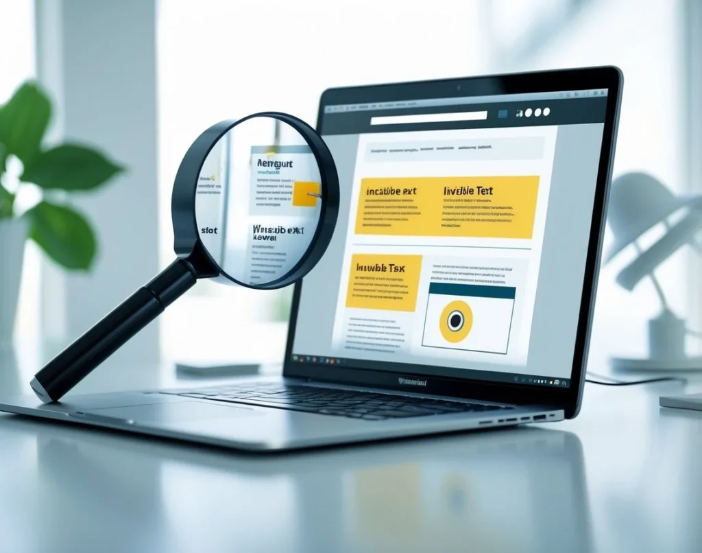 Un espacio de trabajo moderno con una laptop que muestra un diseño web y elementos que representan SEO y accesibilidad, incluyendo una lupa enfocando texto tenue y un icono de ojo parcialmente oculto.