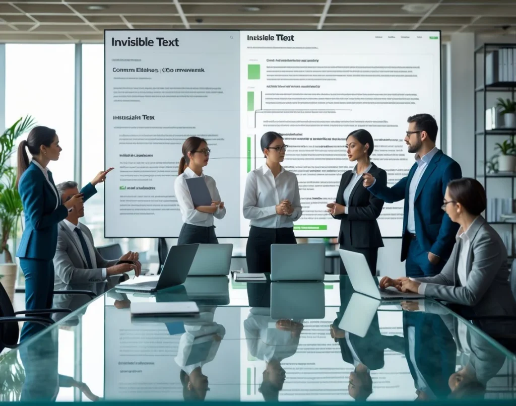 Varias personas colaborando en una oficina moderna alrededor de una mesa con dispositivos electrónicos y una pantalla digital con texto apenas visible.