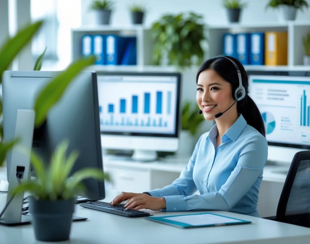 Un representante de servicio al cliente sonriente usando auriculares en un escritorio moderno con computadora en una oficina luminosa y ordenada.
